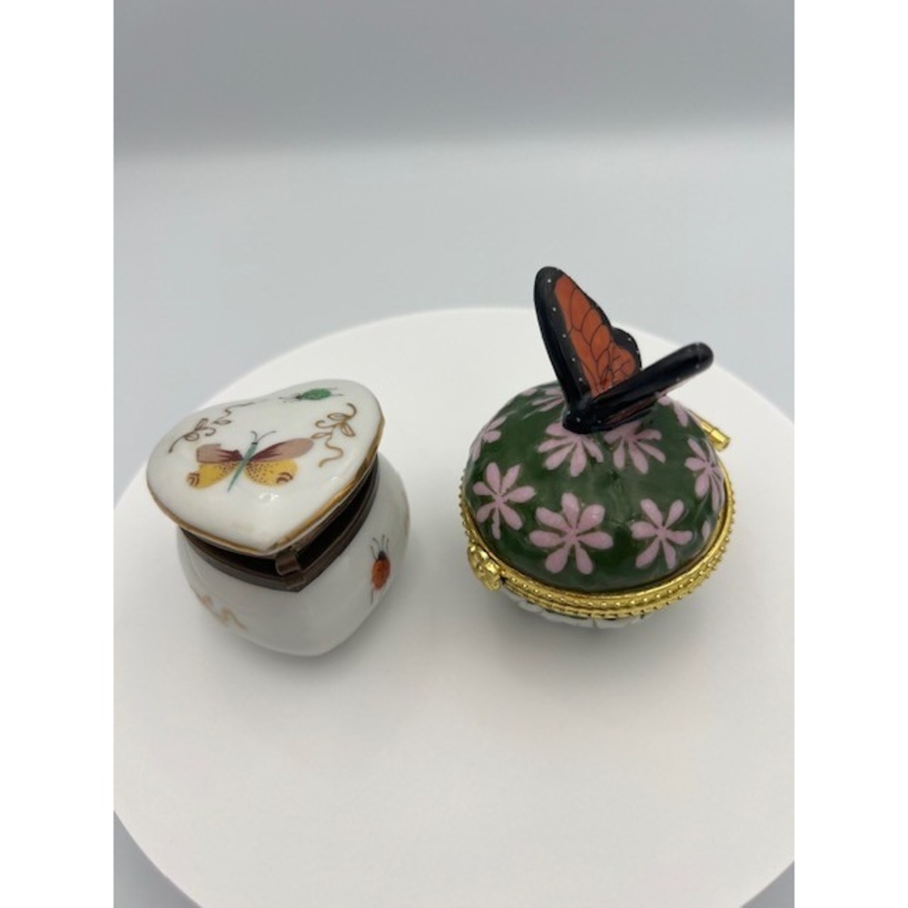 Limoges Porcelain Trinket Box Set Butterfly Heart Ladybug Hand Painted 2pc - Picture 2 of 12